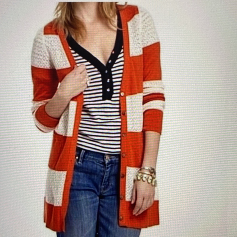 Yellow bird cardigan medium w pockets. Orange & cream color. Cotton/nylon blend